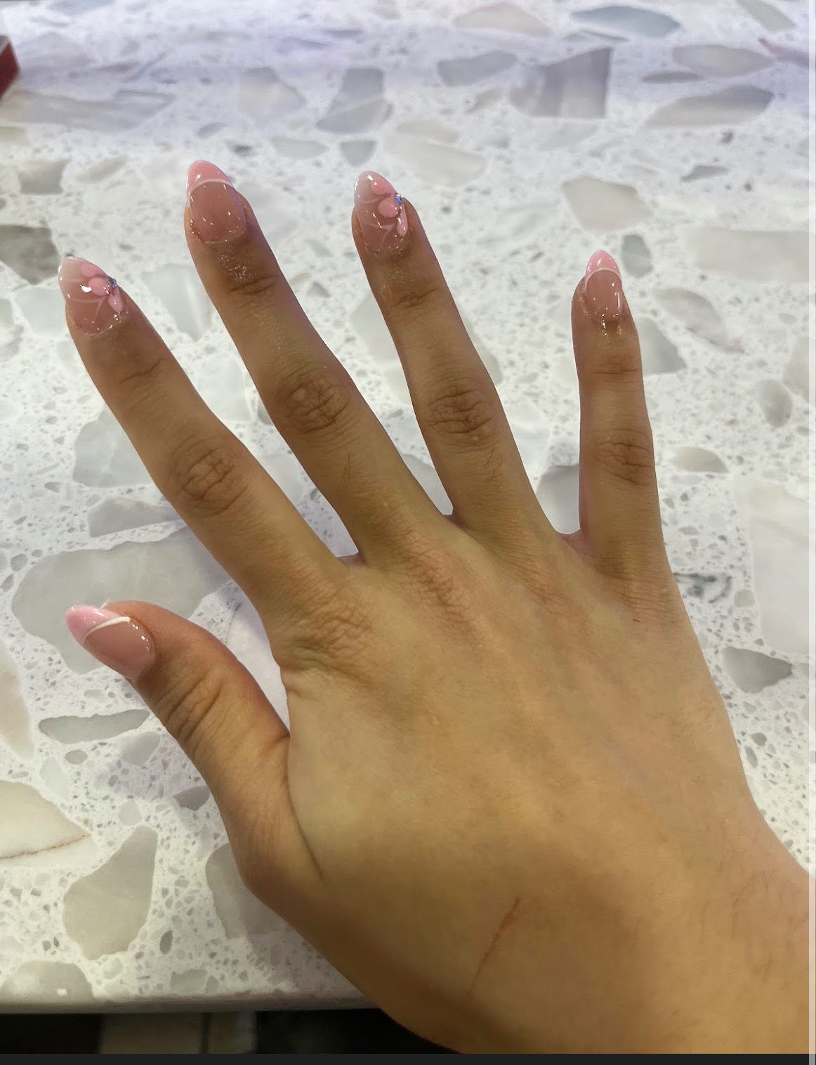 Pink 3D floral almond manicure