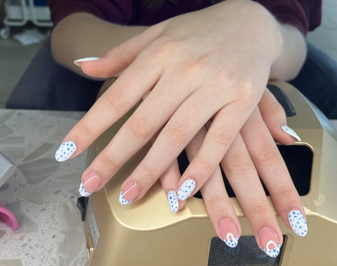 Blue dotted french manicure with heart details