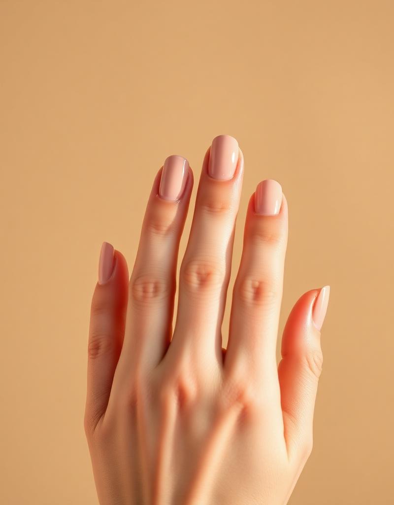 Glossy nude gel manicure close-up